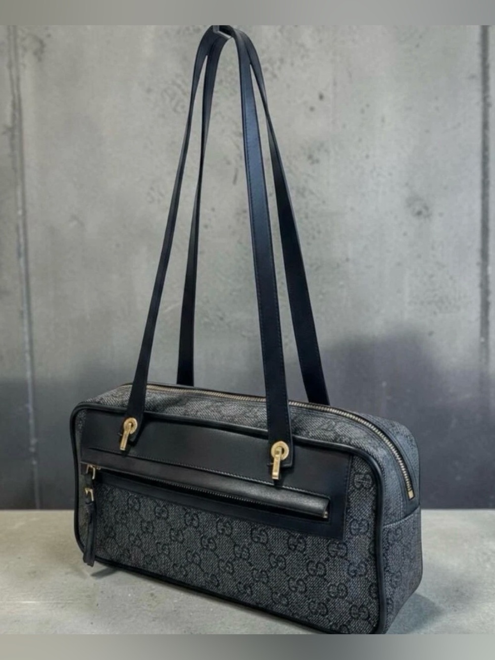 Gucci Vintage GG Monogram Denim Black Leather Shoulder Bag